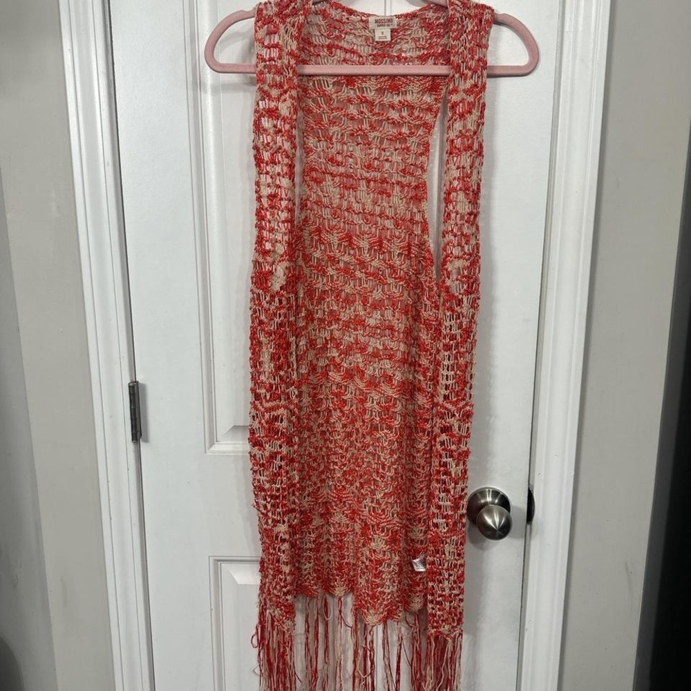 Boho hippie festival crochet long vest in a reddish orange and tan. S